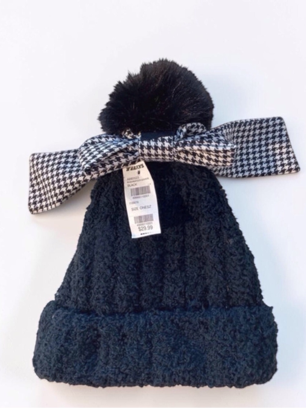 Kids NWT Tilly’s Black Bouclé Pom Beanie • Detachable Houndstooth Bow